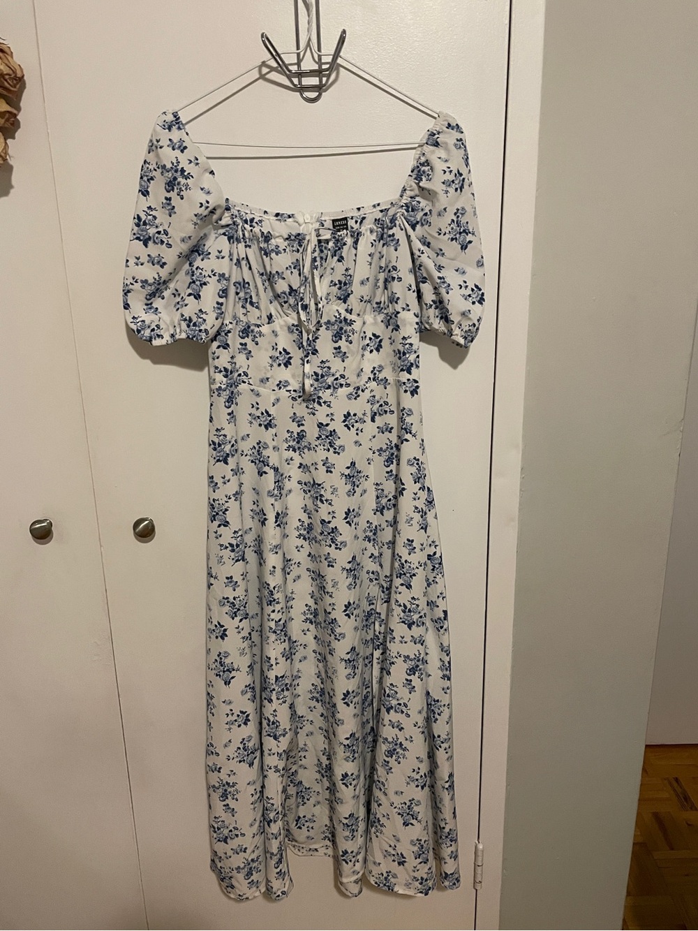 White Maxi Dress with Blue Floral Print